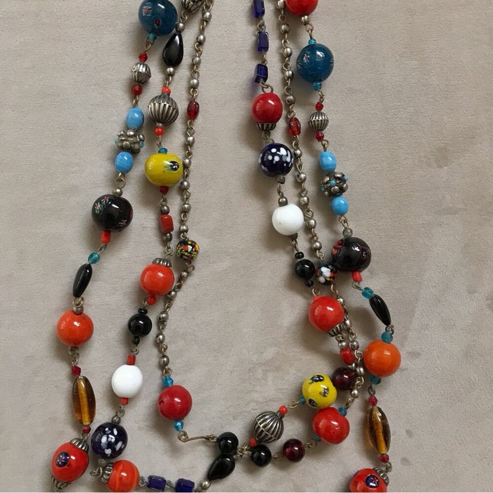 Vintage Handcrafted Boho Necklace Glass & Silver-tone 3 Tier Multi-Colored
